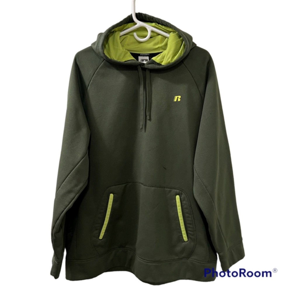 Russell Mens Army Green Fleece Drawstring Hoodie Sweater Jacket Size XLarge
